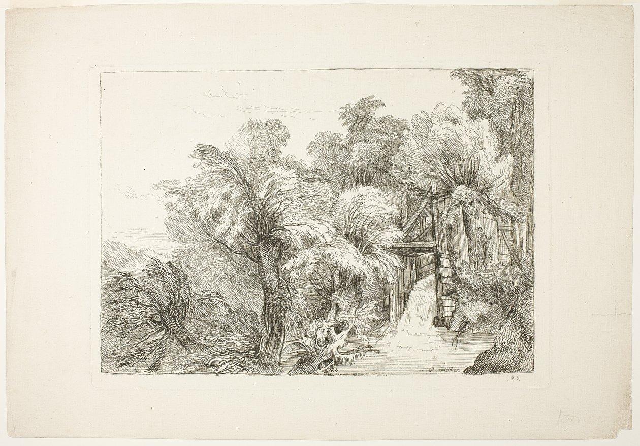 A Mill Lock in the Middle of Willows, planche 97 fra figurer af forskellige karakterer, landskaber og studier tegnet fra naturen af François Boucher