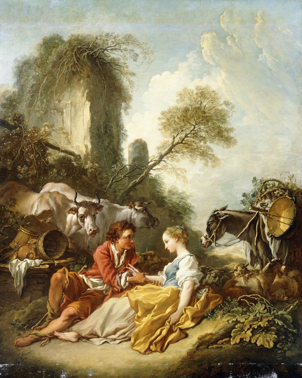 Et pastoralt landskab med en hyrde og hyrdinde siddende ved ruiner, af François Boucher