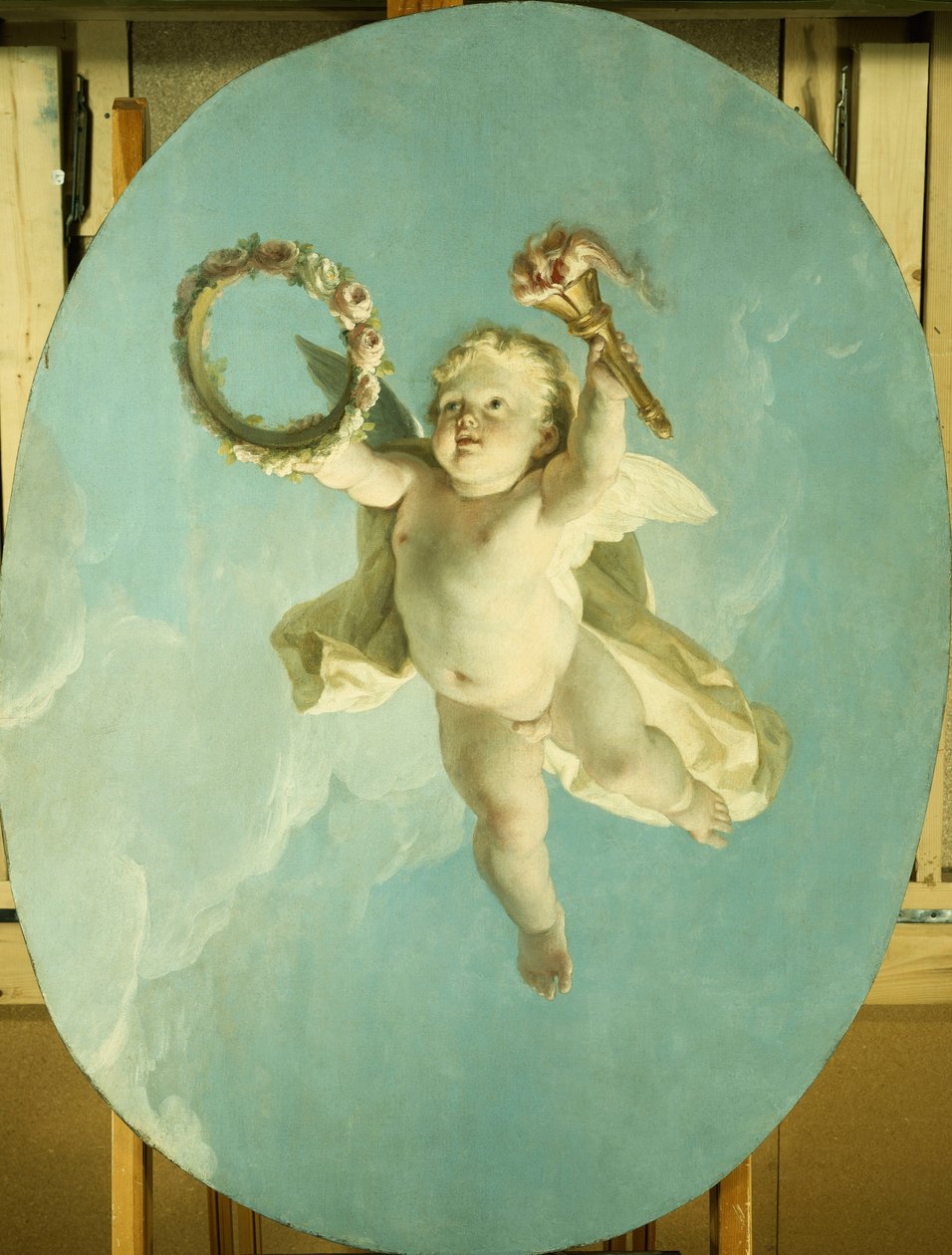 En Putti på flugt med en krans og en fakkel, af François Boucher