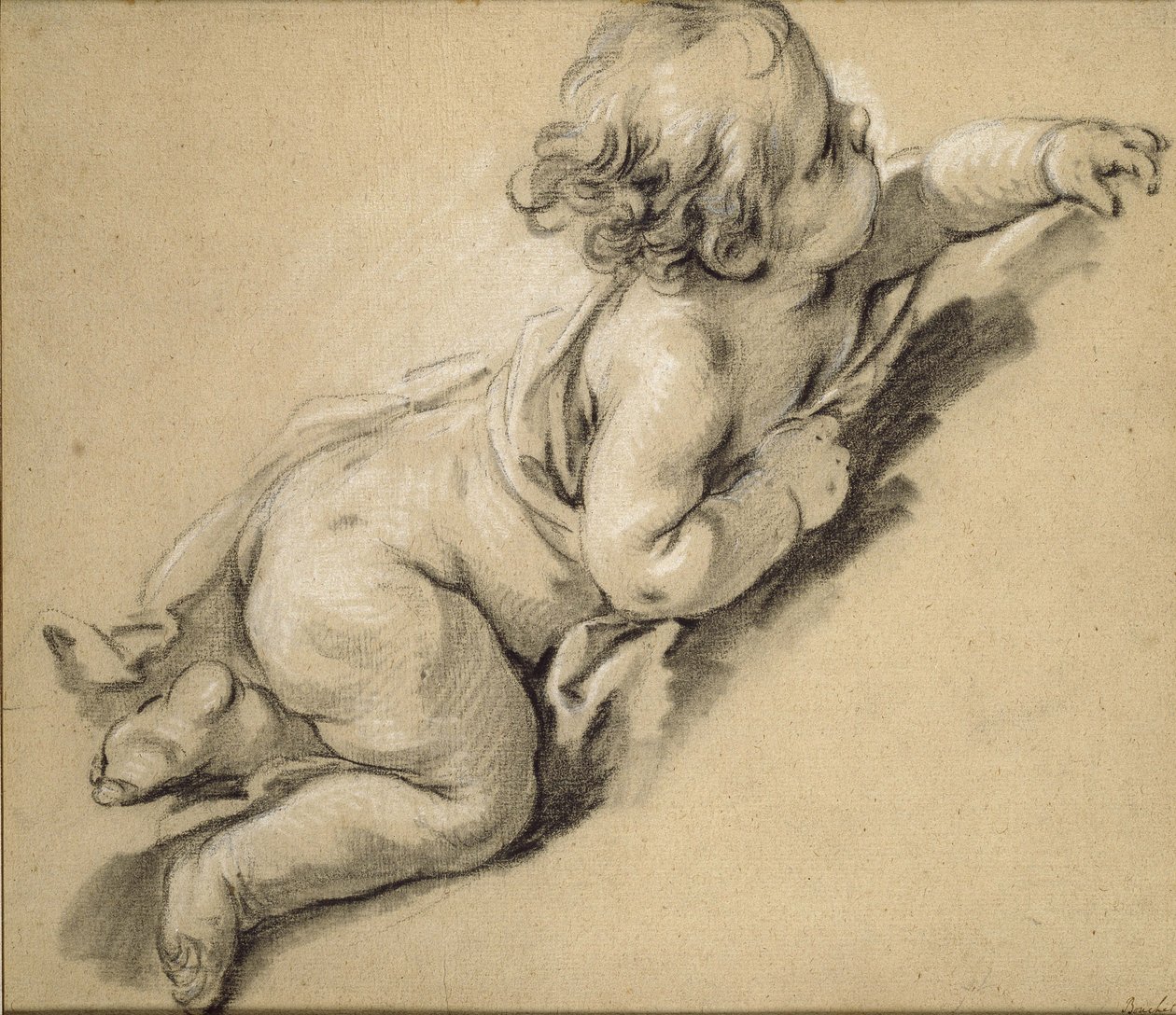 En putto, der lægger sig til højre (kridt på papir) af François Boucher