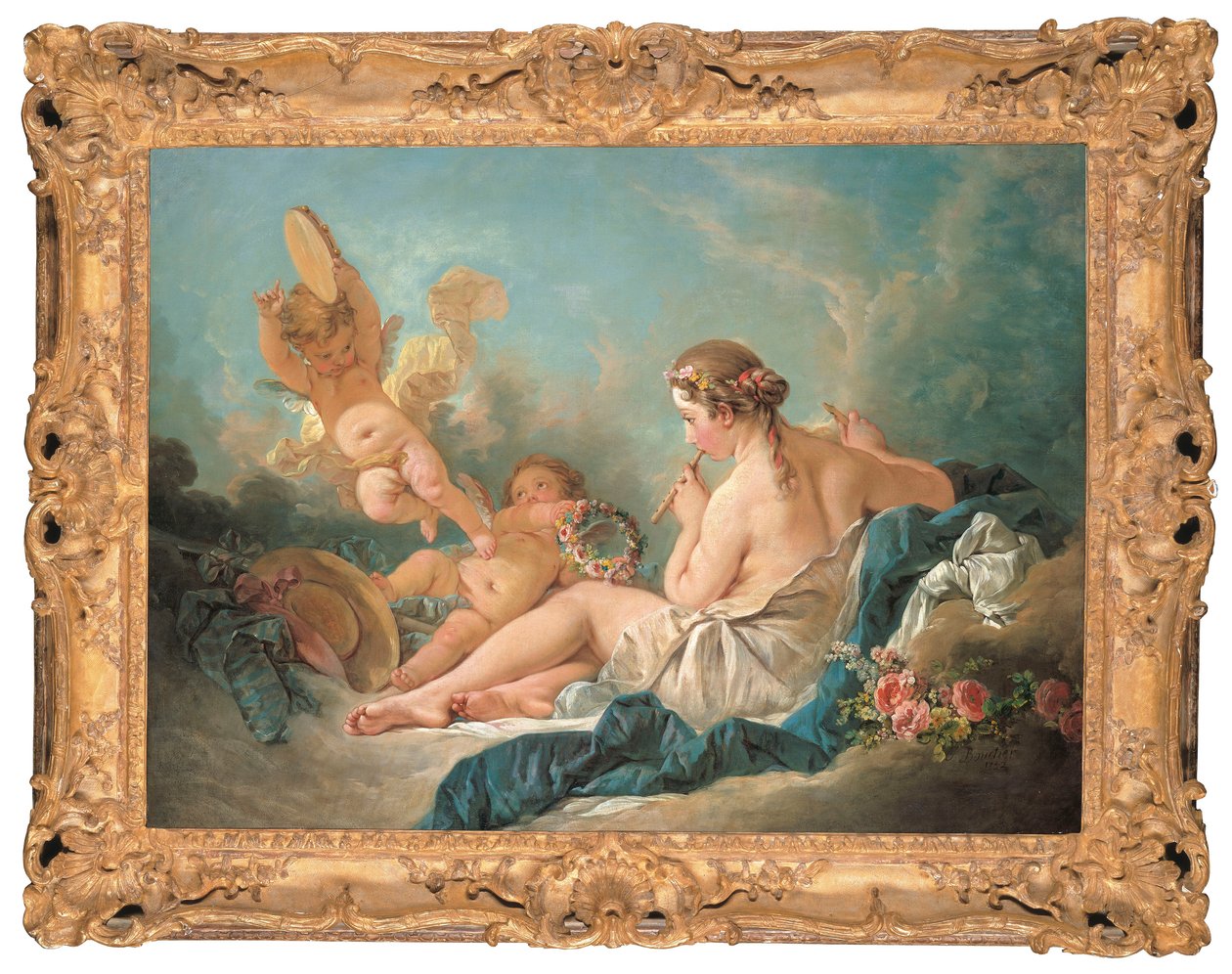 En tilbagelænet nymfe, der spiller på fløjte med Putti, måske Muse Euterpe, 1752 af François Boucher