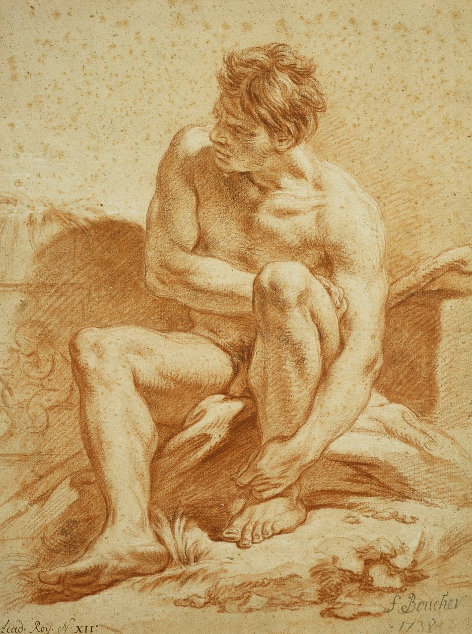 En siddende nøgen med en stav, et relief med Putti til venstre, 1738 af François Boucher