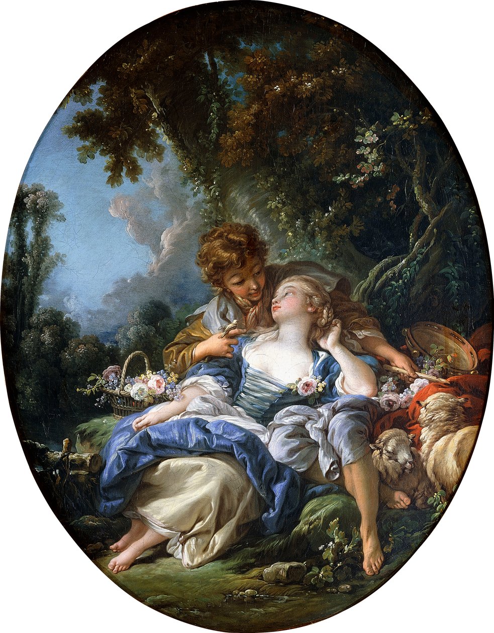 En hyrde og en hyrdeinde i Dalliance i et skovklædt landskab, 1761 af François Boucher