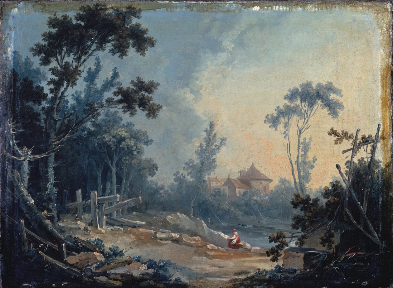 Et skovklædt landskab med bygninger i det fjerne af François Boucher