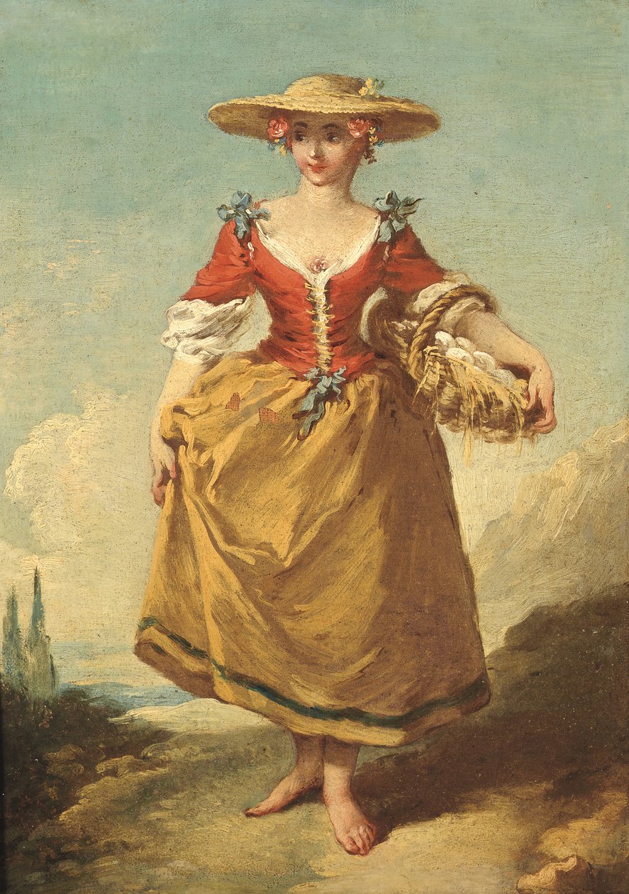 En bondepige i et landskab med en kurv med æg (olie på lærred) af François Boucher
