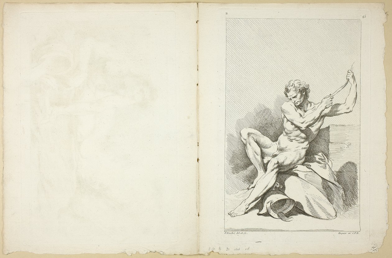 Academic Nude (recto and verso), fra Second Book of Academic Figures delvist indgraveret af professorerne fra Det Kongelige Akademi af François Boucher