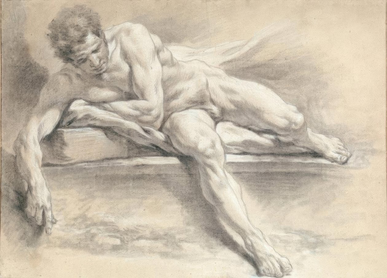 Nøgenstudie af en mand liggende på en stenbænk af François Boucher