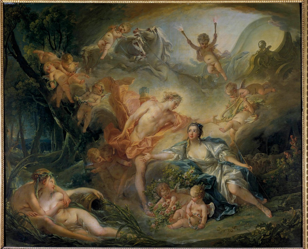 Apollo afslører sin guddom for hyrden. Is La bergere elsker Filemon, som i virkeligheden er guden Apollo. Maleri af Francois Boucher (1703-1770) 1750 søn. 1,29 x 1,57 m Rundture, Musee des Beaux Arts af François Boucher
