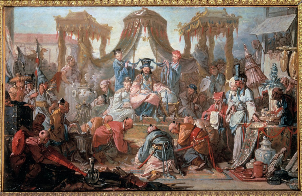 Publikum for kejseren af Kina. Undersåtter lægger sig ned foran kejseren. Maleri af Francois Boucher af François Boucher