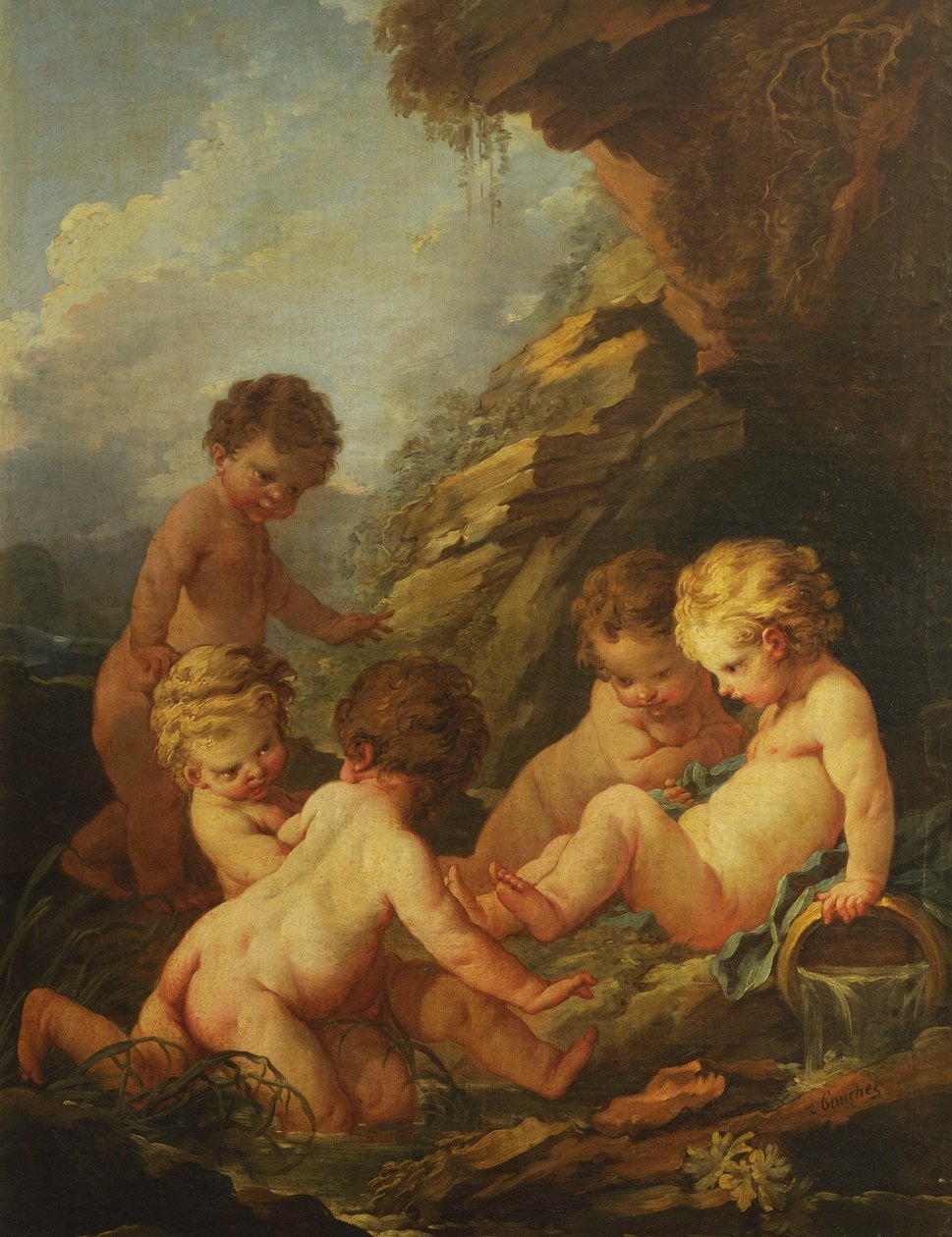 Boucher - Fem nøgne børn leger ved et klippebassin, 1730-1735 af François Boucher