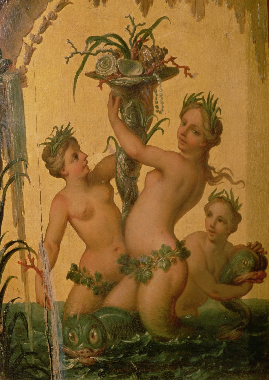 Detalje af sirener, der holder et overflødighedshorn fra Peter den Stores statsvogn, ca. 1724 af François Boucher