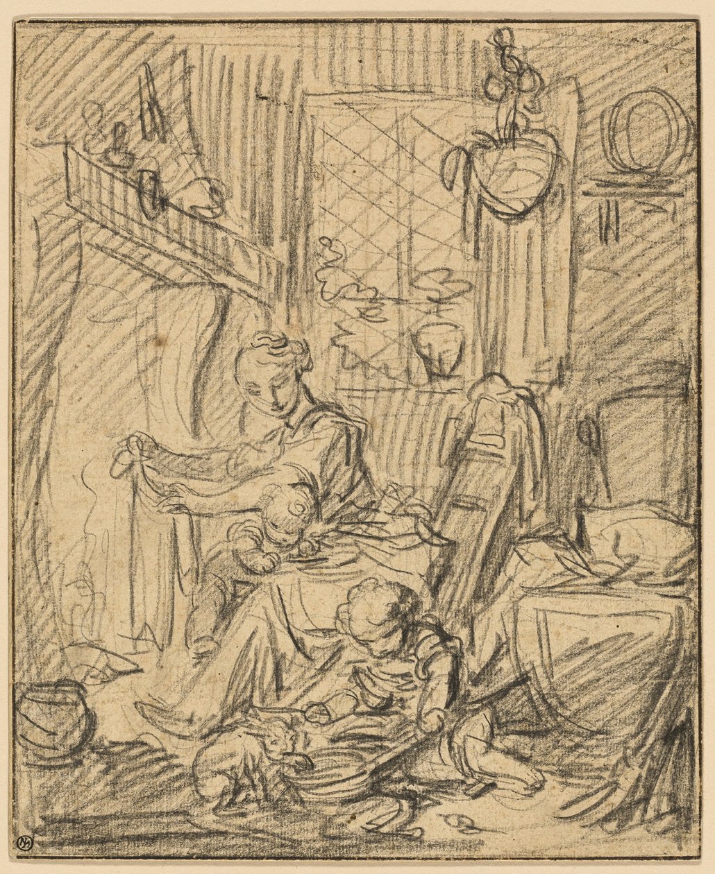 Indenlandsk scene: Mor med to små børn før en kappe af François Boucher