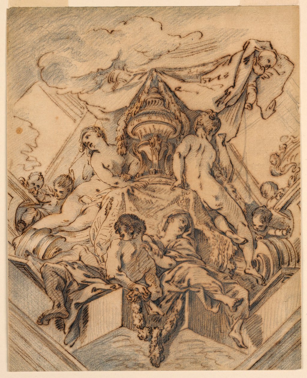 Tegning, projekt til et hjørnemotiv til et malet loft, 1740 af François Boucher