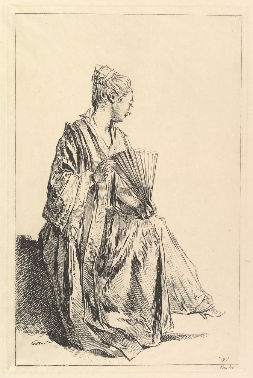 Siddende kvinde, i profil til højre, spiller fan, 1720-70. af François Boucher