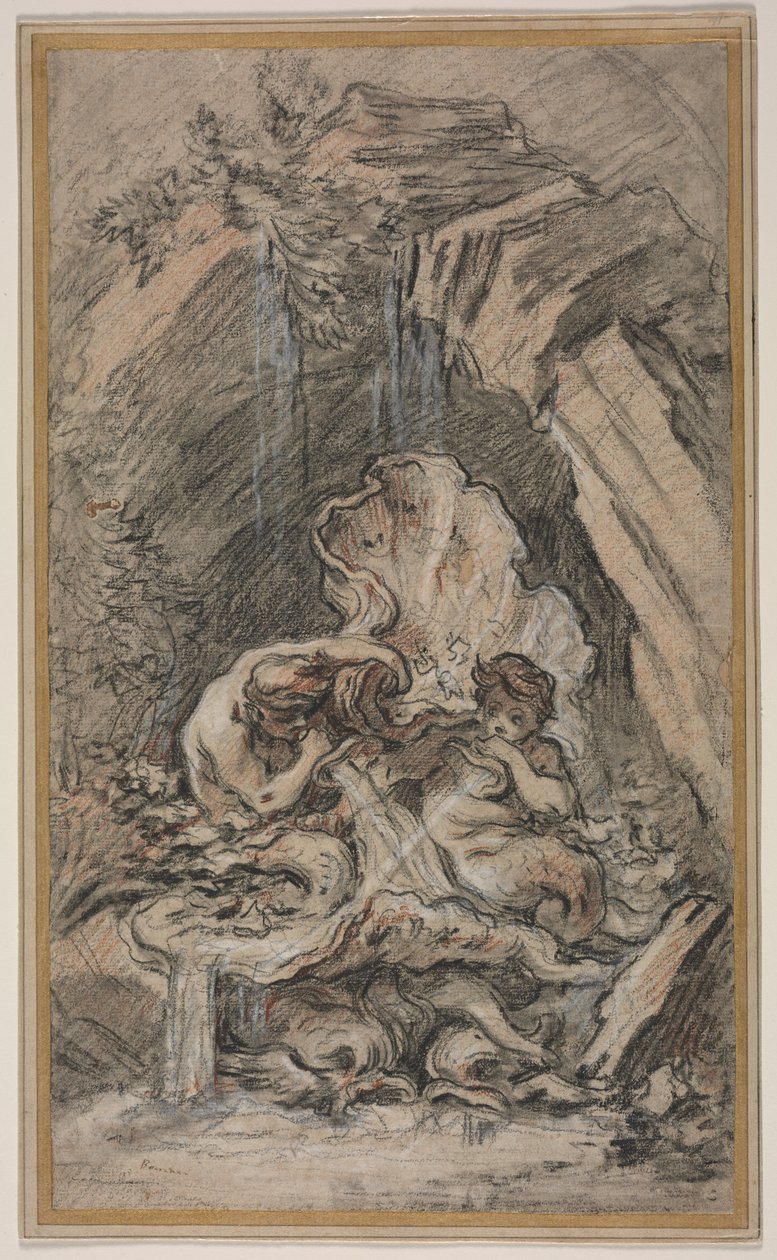 Springvand med to Tritons blæsende konkylieskaller af François Boucher