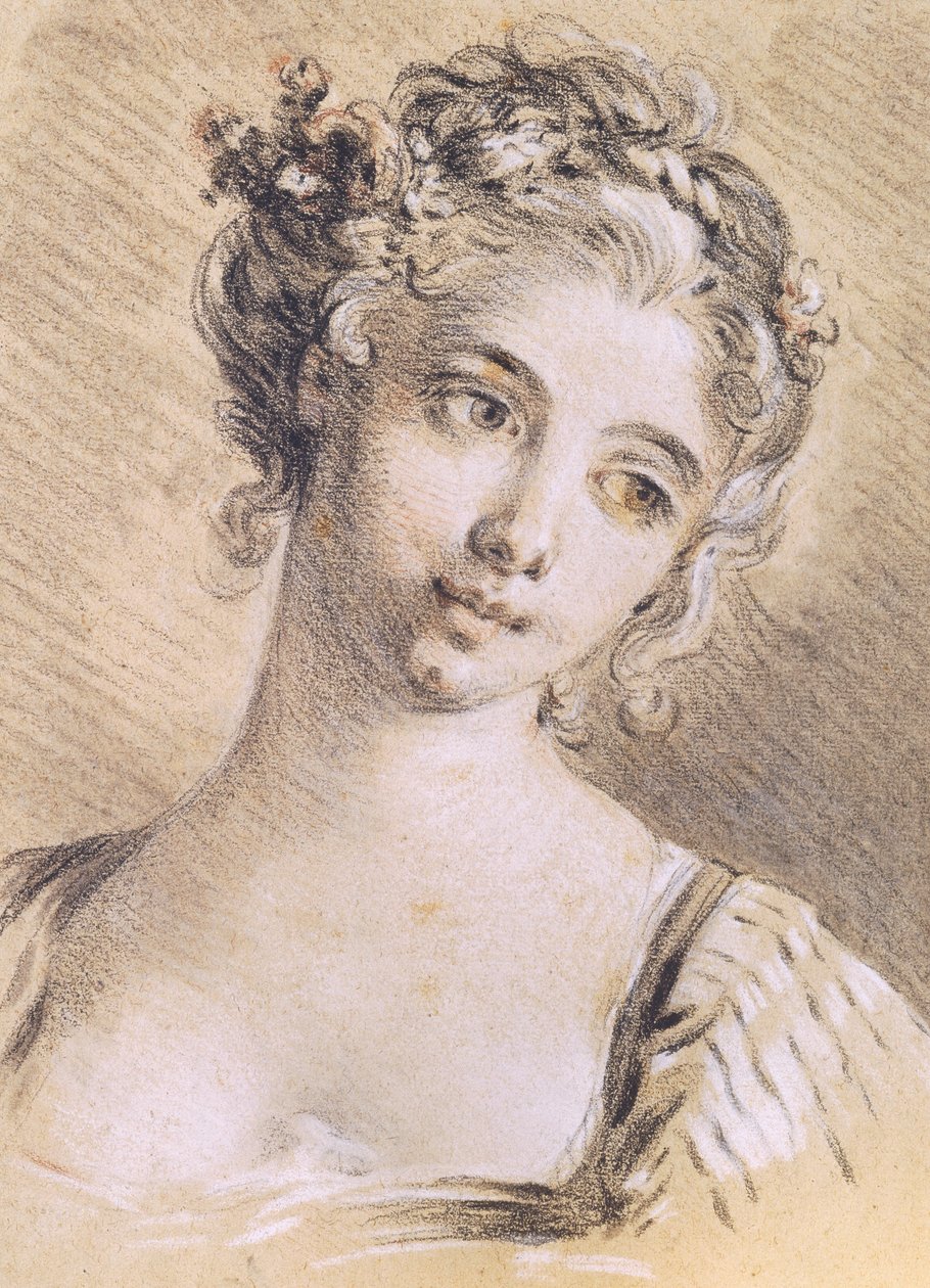 Hoved af en ung pige (kul og hvidt kridt på papir) af François Boucher