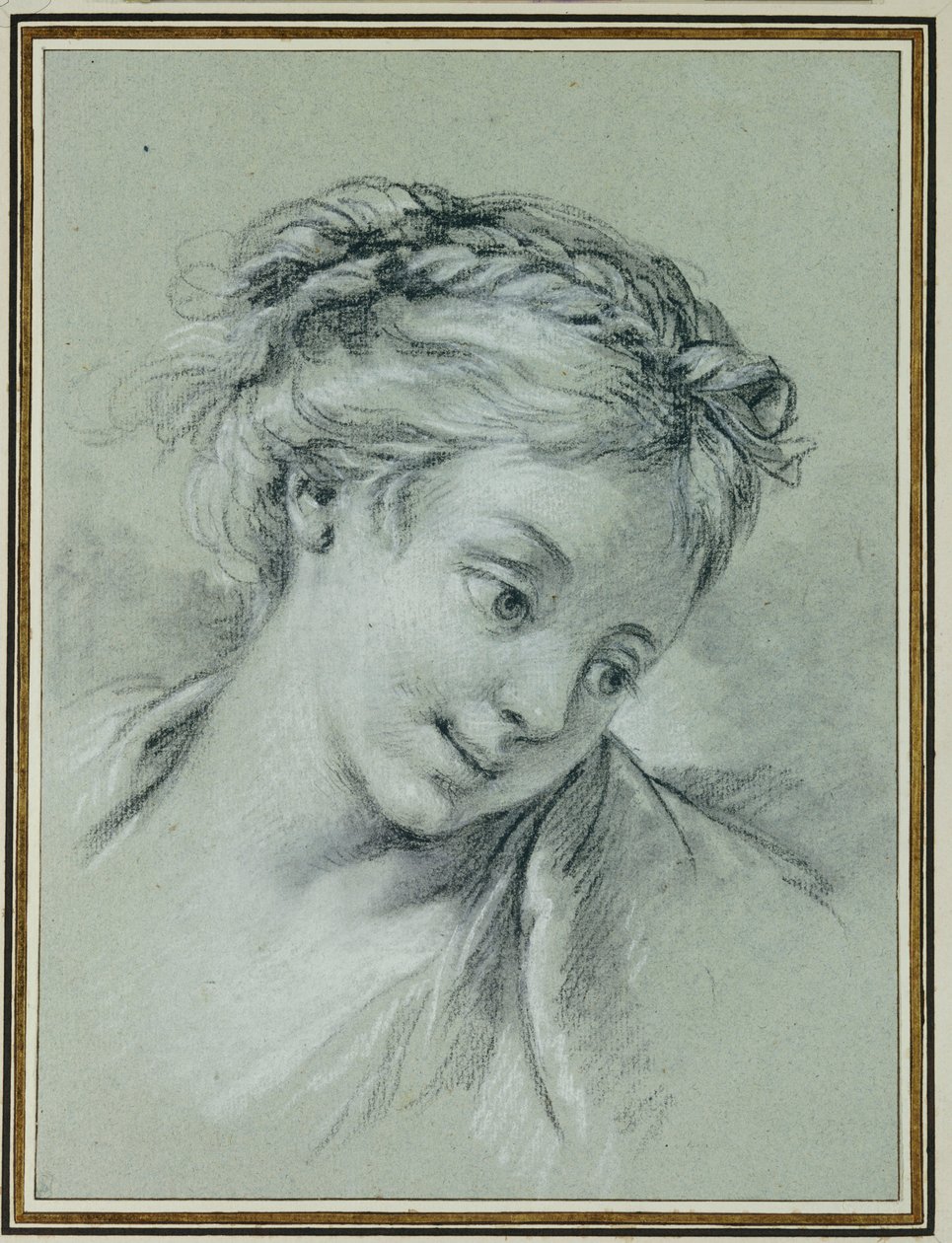 Hovedet på en pige, der kigger ned til højre af François Boucher