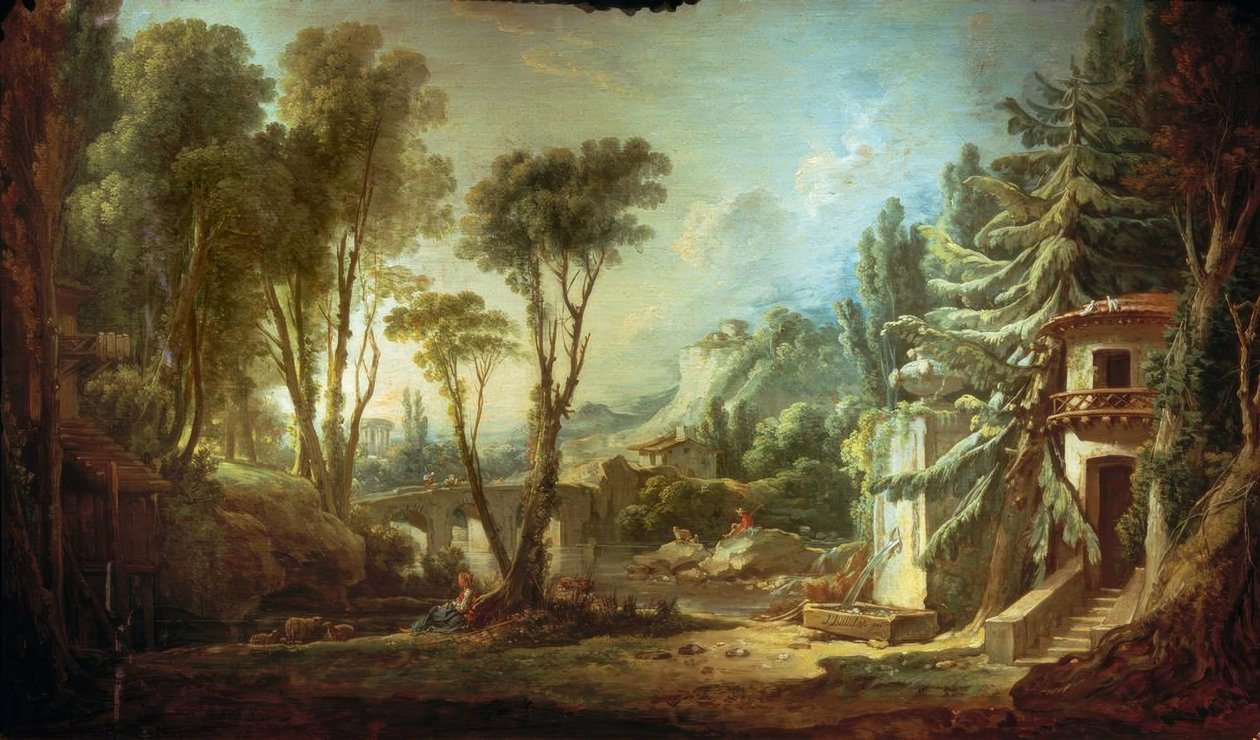 Pastoralt landskab af François Boucher