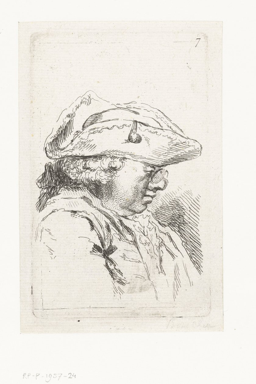 Hoved af en mand med briller og tricorne Suite med små genrestykker og overskrifter (serietitel) af François Boucher