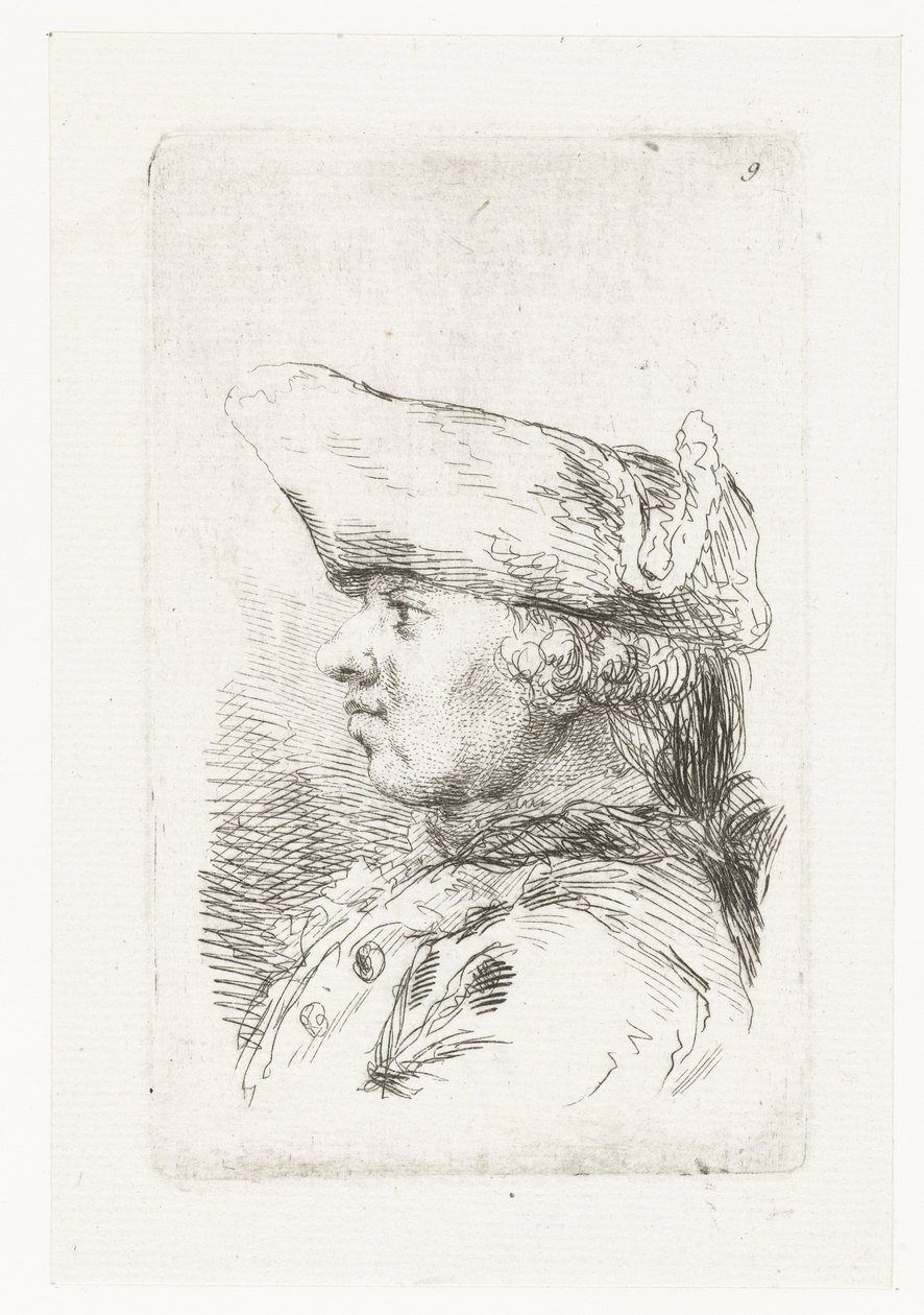 Mandshoved med tricorne Suite med mindre genrestykker og overskrifter (serietitel) af François Boucher