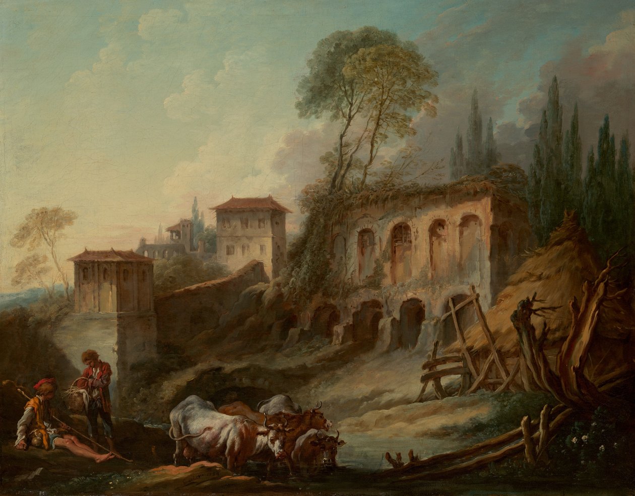 Imaginært landskab med Palatinerhøjen fra Campo Vaccino, 1734. af François Boucher
