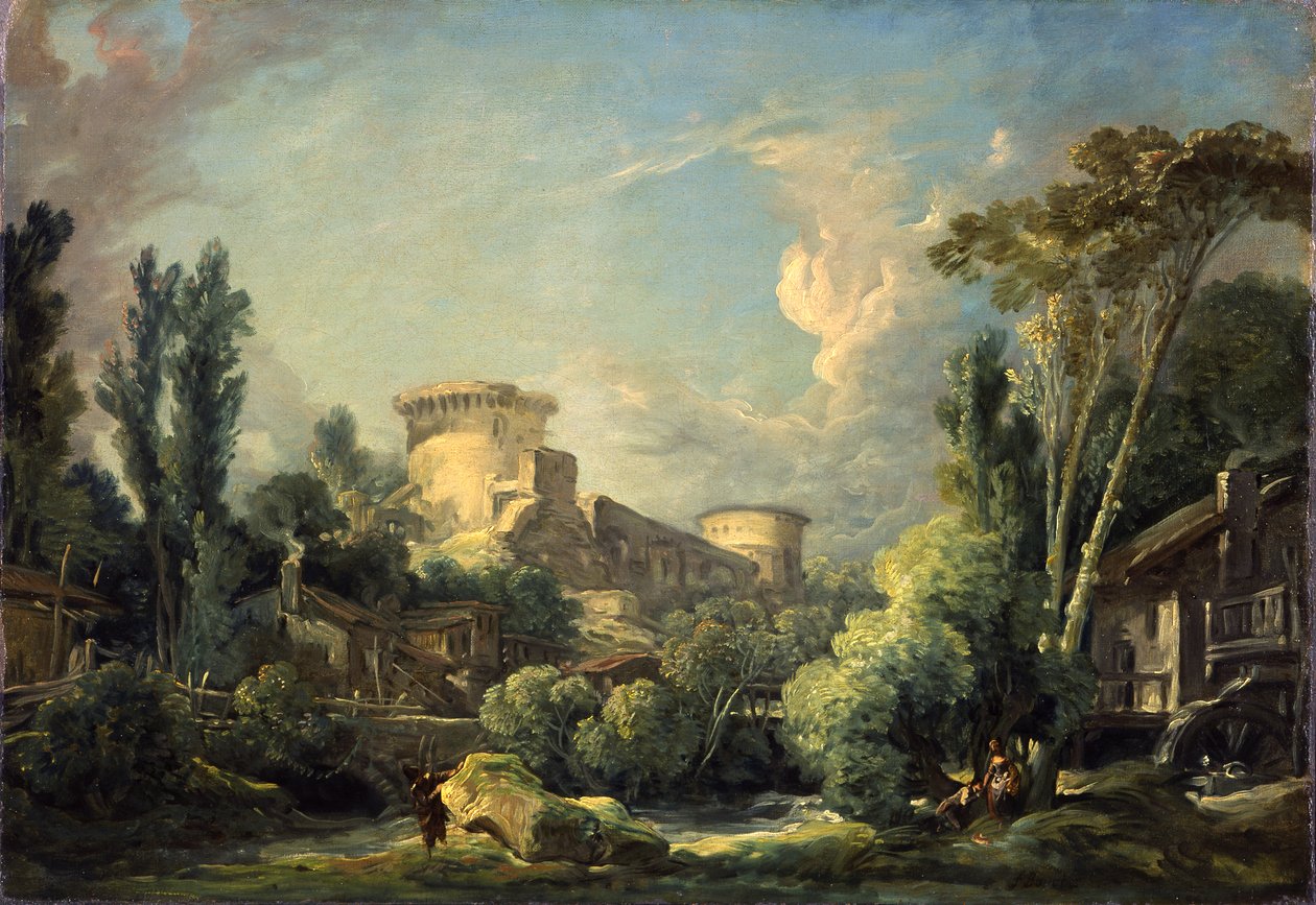 Landskab med slot og mølle, ca.1765 af François Boucher