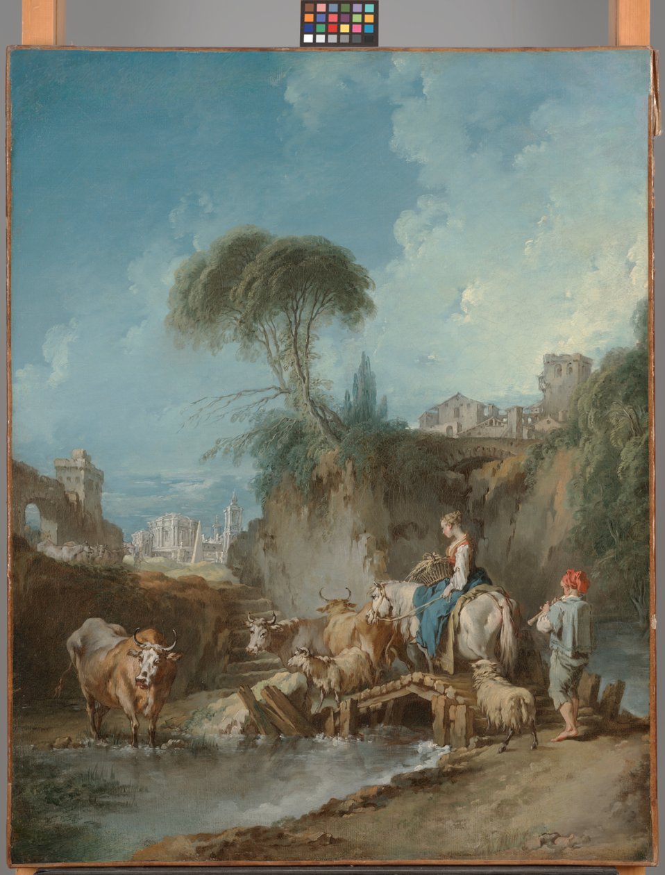 Landskab med fjerne Bygninger og en Hyrdekone af François Boucher