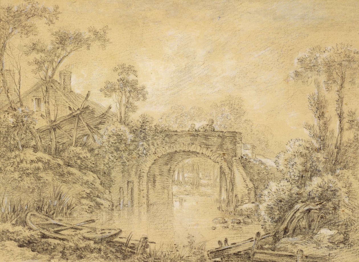 Landskab med en rustik bro, ca. 1740 (sort kridt forhøjet med hvidt på cremefarvet papir) af François Boucher