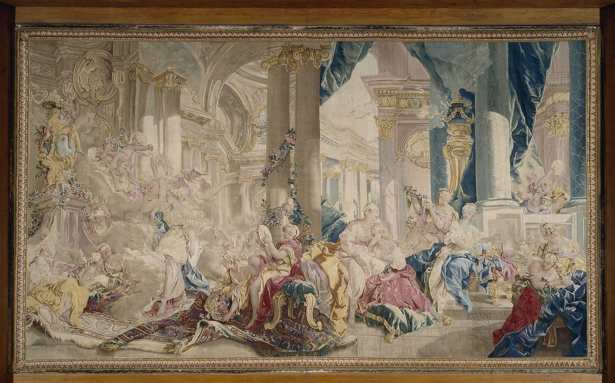 Manufacture de Beauvais - Psyke føres af Zephyr ind i kærlighedens palads, og Psyke viser sin rigdom til sine søstre, efter 1741 af François Boucher
