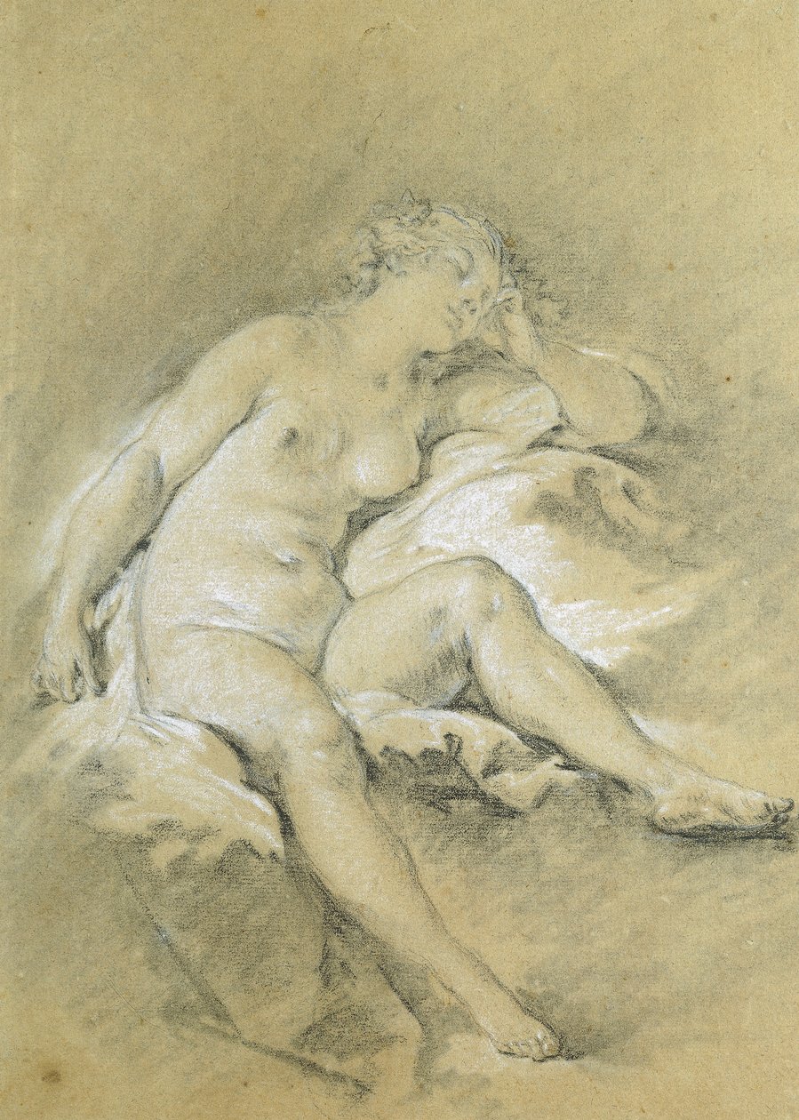 Nøgen ung kvinde sidder, sover; En nøgen og siddende ung kvinde, sovende, af François Boucher