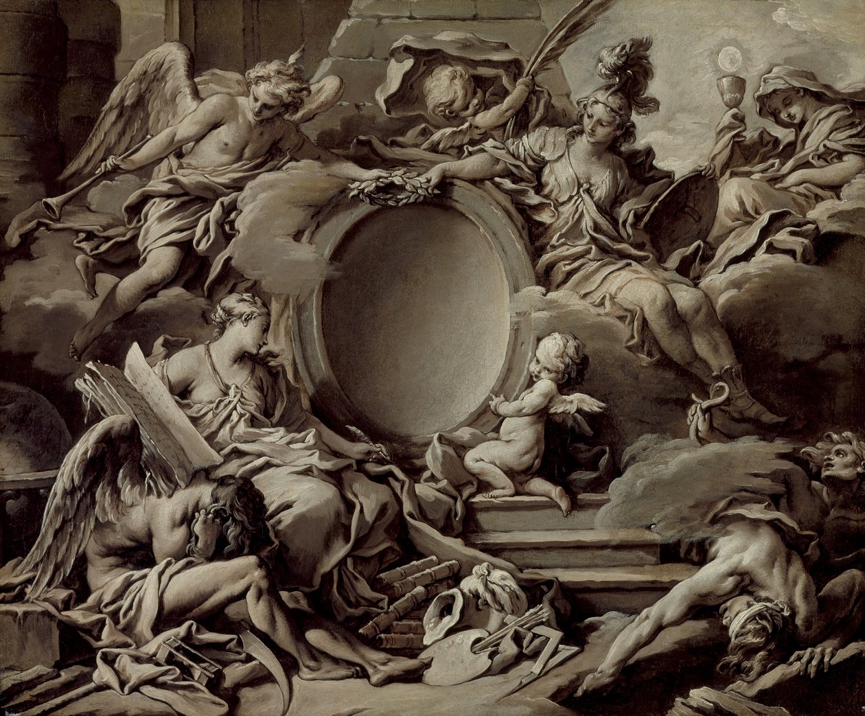 Project for a Cartouche: An Allegory of Minerva, Fame, History and Faith Overcoming Ignorance and Time, c.1727 af François Boucher