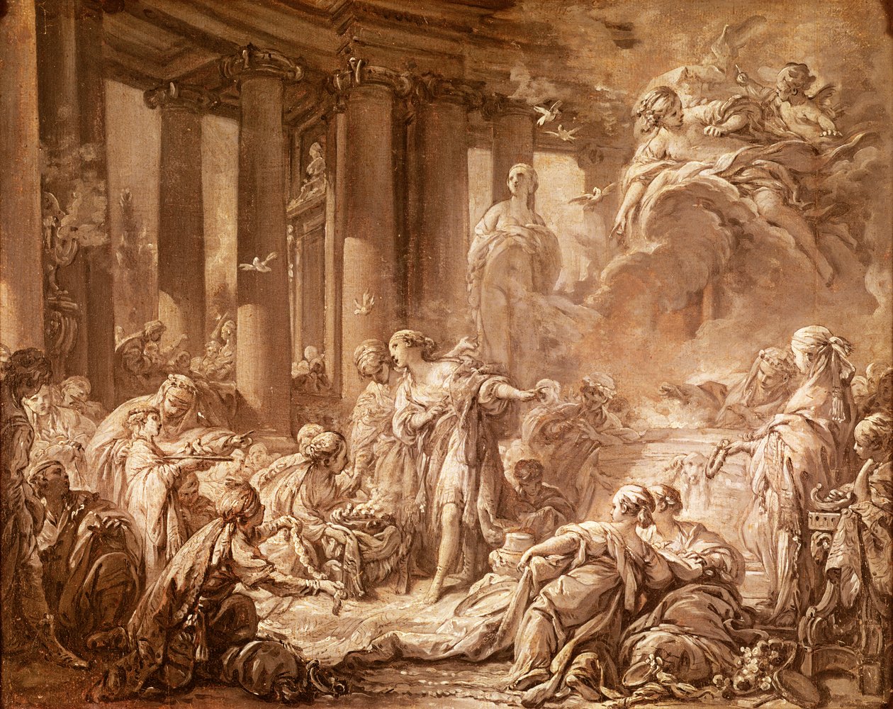 Psyche Receiving the Divine Honours (forberedende undersøgelse), ca. 1740 (oliemaleri på papir monteret på lærred) af François Boucher