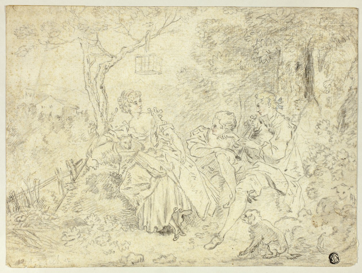 Hyrdinder og ung mand, der spiller sækkepibe af François Boucher