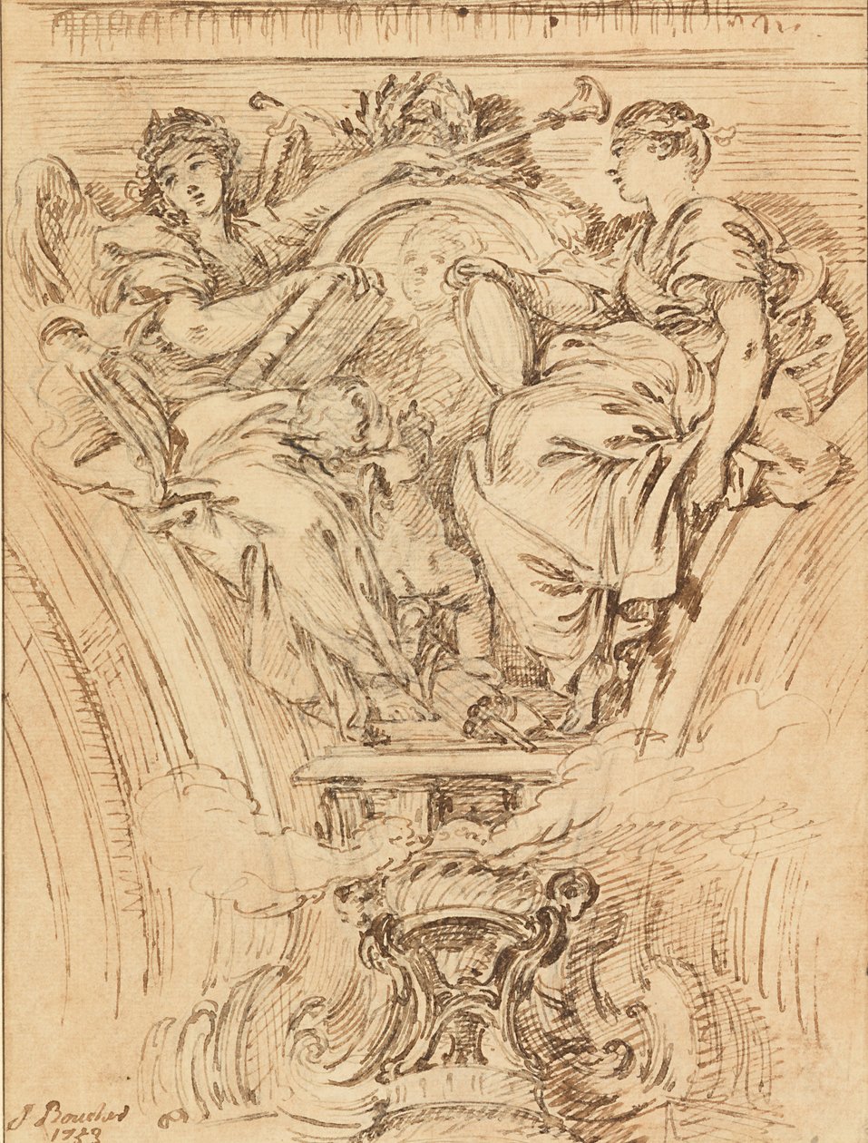Spandrel-dekoration:  Berømmelse og sandhed applauderer Ludvig XV af François Boucher