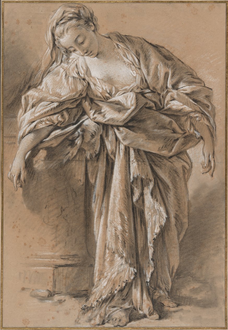 Studie af en draperet kvinde, der læner sig op på en piedestal af François Boucher
