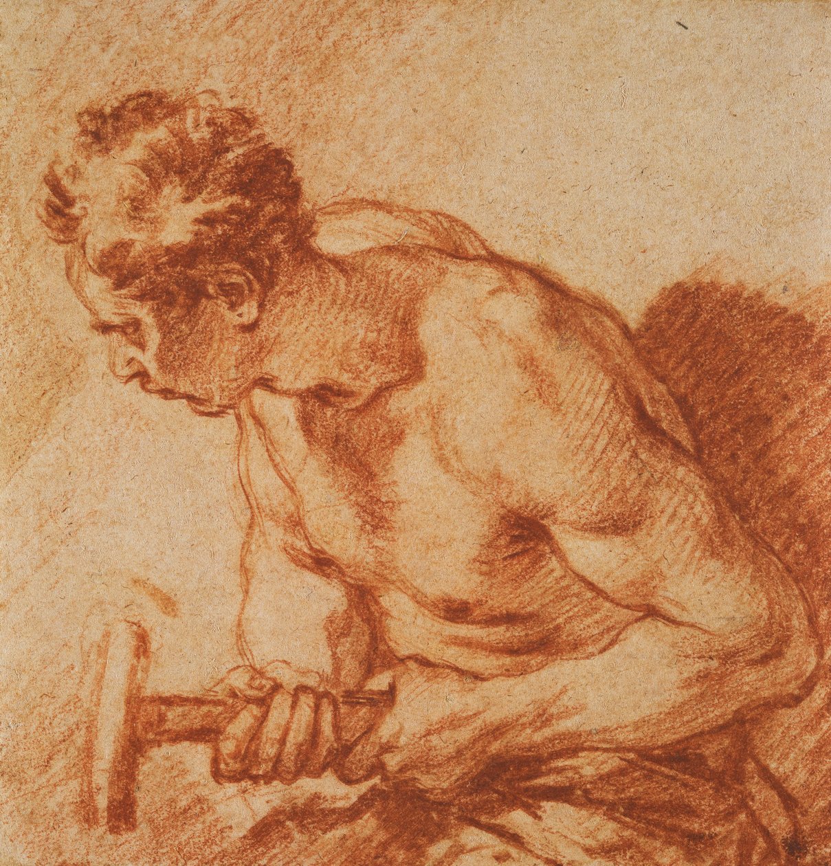 Studie af en mand, der holder en hammer, halv længde, af François Boucher
