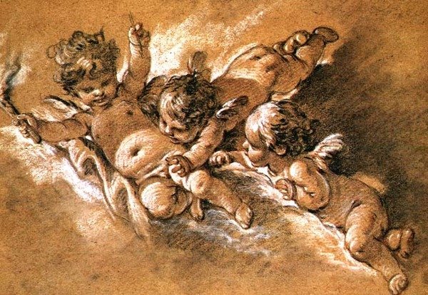Tre putti i skyer (kridt) af François Boucher