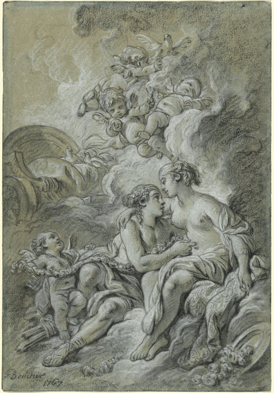 Venus læner sig op ad sin kære Adonis... af François Boucher