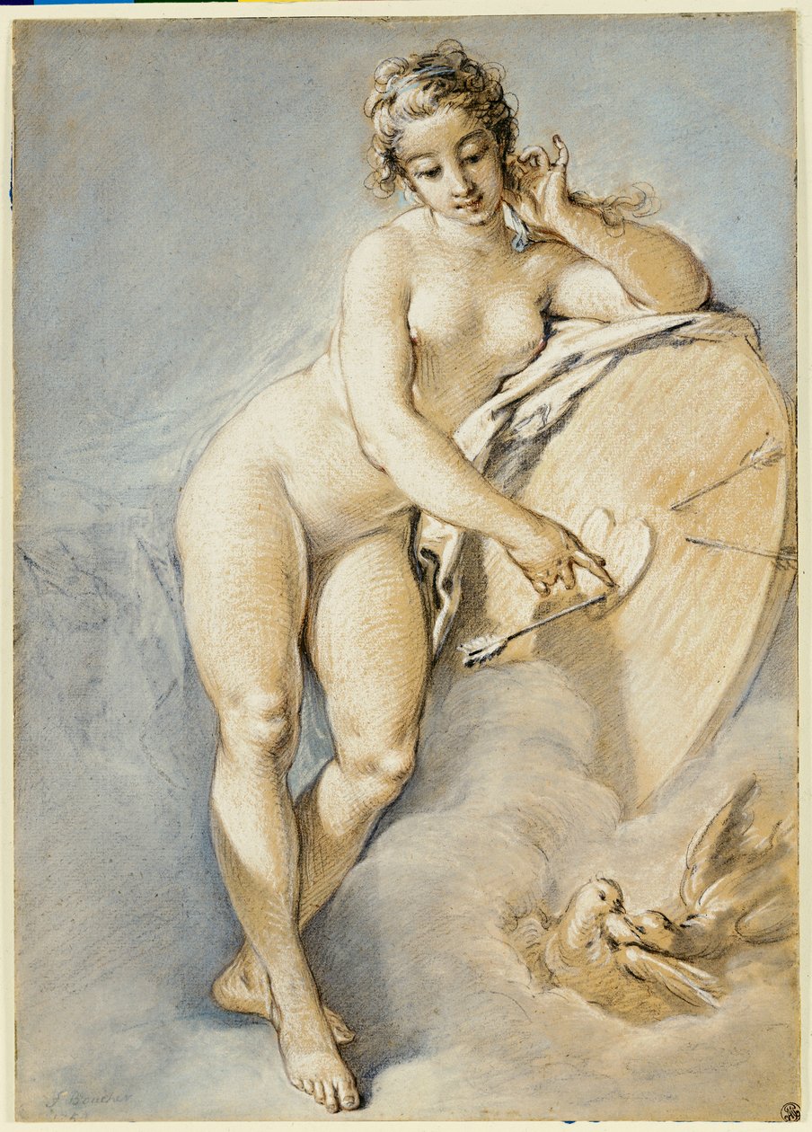Venus stående og gestikulerer mod et hjerte på et mål med to duer, 1754 af François Boucher