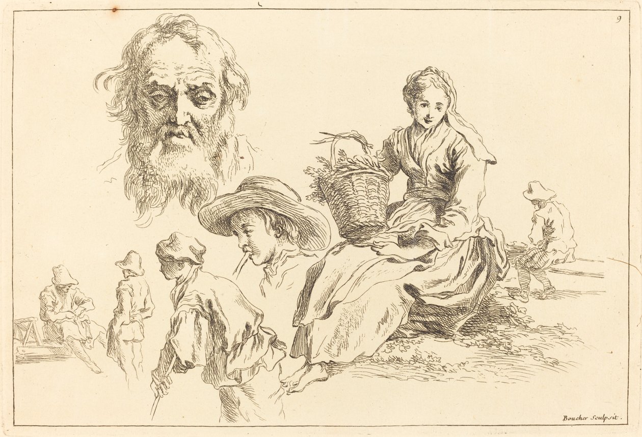 Figurstudier inklusive skægget ansigt af en gammel mand af François Boucher after Abraham Bloemaert