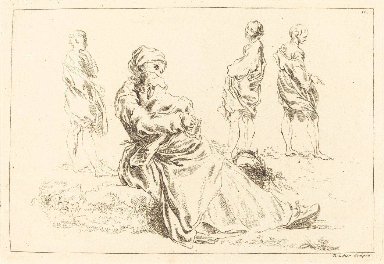 Figurstudier inklusive siddende mor og barn af François Boucher after Abraham Bloemaert