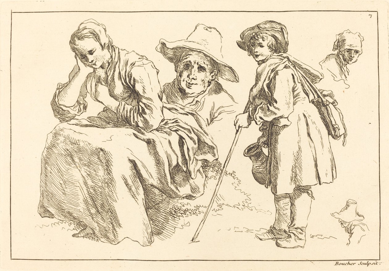 Figurstudier, herunder stående dreng, der holder en kande af François Boucher after Abraham Bloemaert