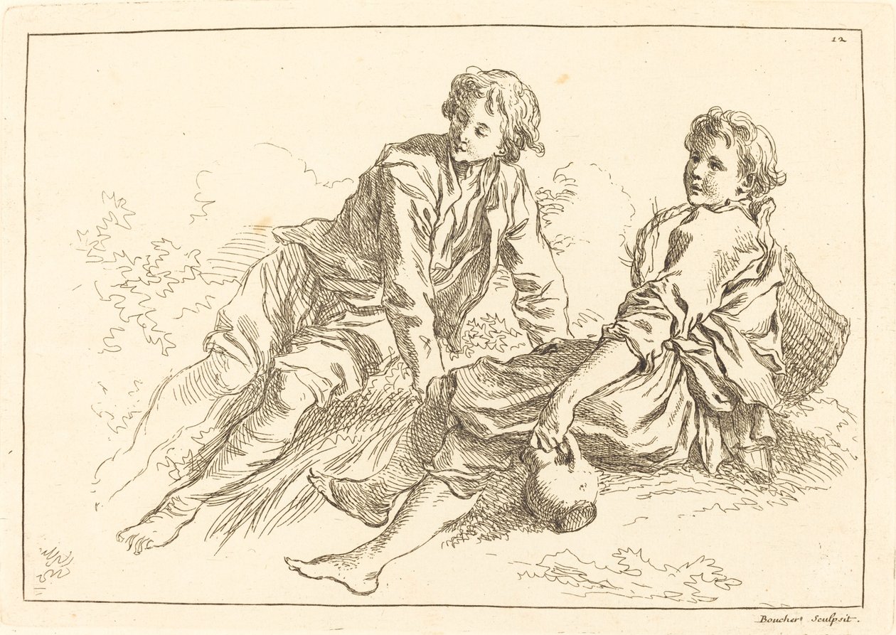 Liggende hyrde drenge af François Boucher after Abraham Bloemaert