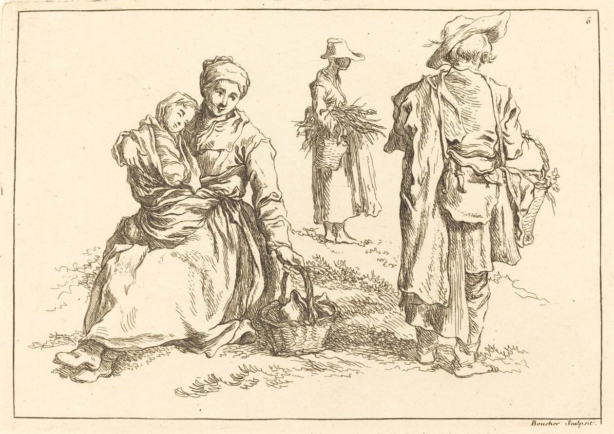 Siddende Mor og Barn, To staaende Bønder af François Boucher after Abraham Bloemaert
