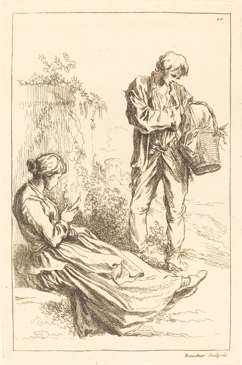 Siddende kvinde med bondedreng holder en kurv af François Boucher after Abraham Bloemaert