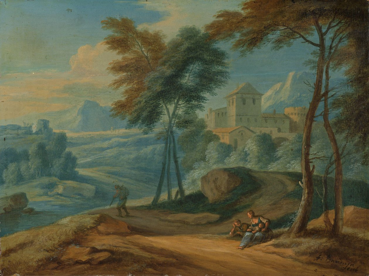 Skovklædt italiensk landskab med figurer af François Boudewyns