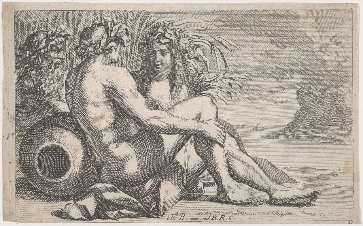 Flodguder tilbagelænet foran et havlandskab, 1651-82. af François Bourlier