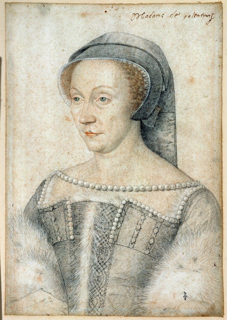 Portræt af Diane de Poitiers, hertuginde af Valentinois (1499 - 1566). Tegning med sort sten og blod af Francois Clouet (1515-1572) af François Clouet
