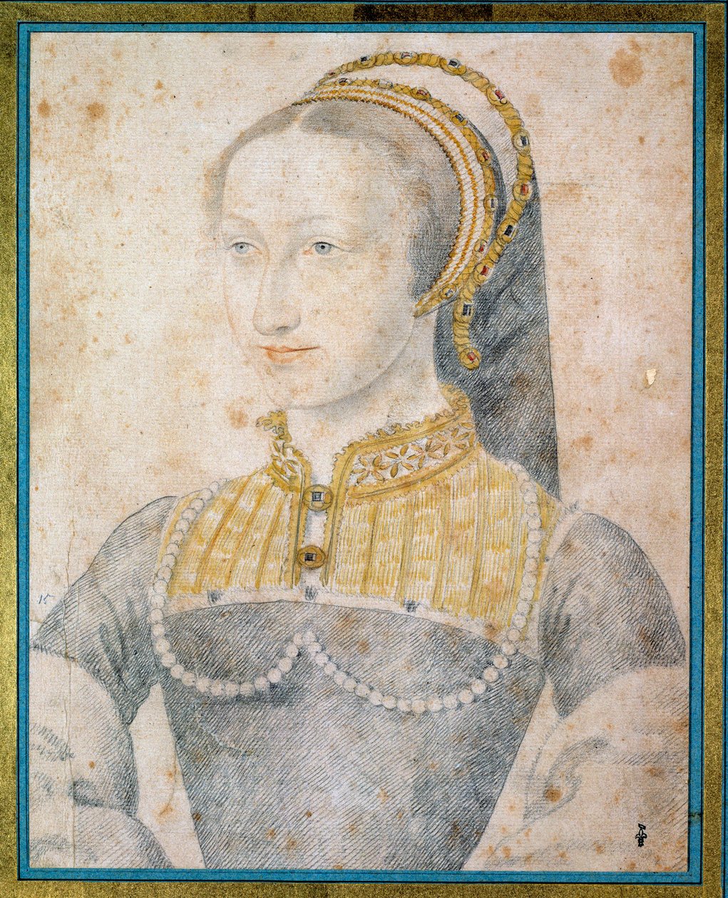 Portræt af Jeanne af Albret, dronning af Navarra (1528 - 1572), mor til Henrik IV. Tegning med sort sten og blod af Francois Clouet (1515-1572) af François Clouet
