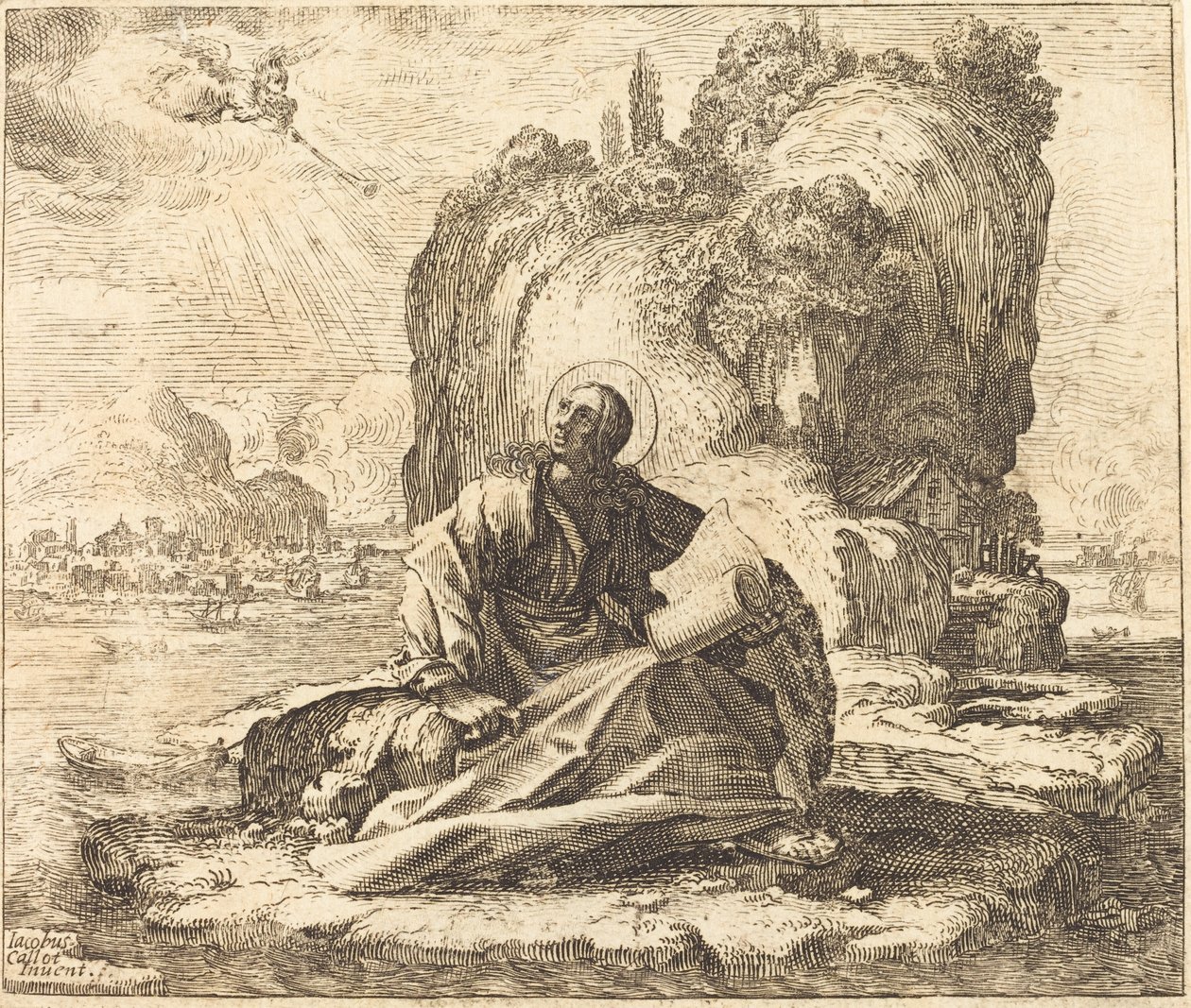 Saint John på Isle of Patmos af François Collignon after Jacques Callot